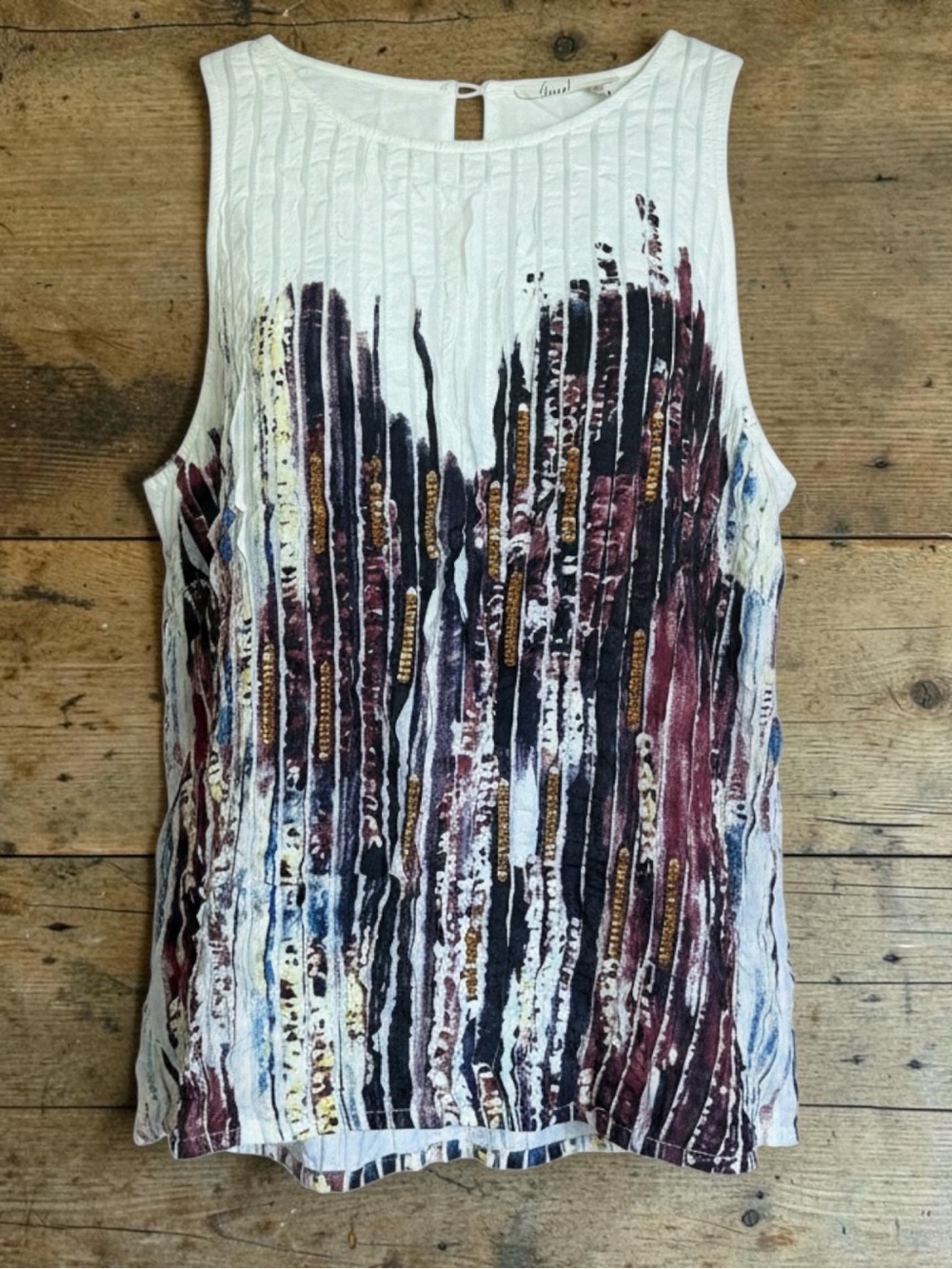 Floreat by Anthropologie Pleated Ivory Sleeveless Tank with Gold Sequins